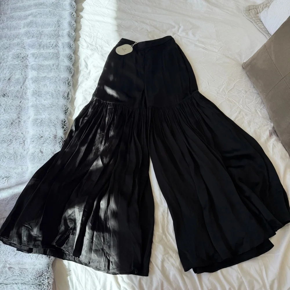 SANI Palazzo Wide Leg Black Satin Pants - Picture 2 of 4